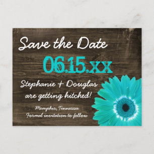 Carte Postale Faire-part Rustique Turquoise Daisy Wood Enregistrer La Date 