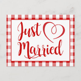 Carte Postale Faire-part Rustique Vient de se Marier Rouge Gingham à Carrea