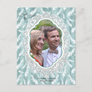 Carte Postale Faire-part Sage Soie verte & or, flamants blancs, étincelles