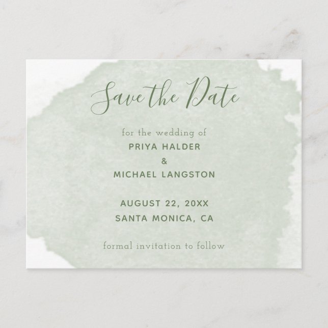 Carte Postale Faire-part Sage Vert Aquarelle Splash Enregistrer La Date (Devant)