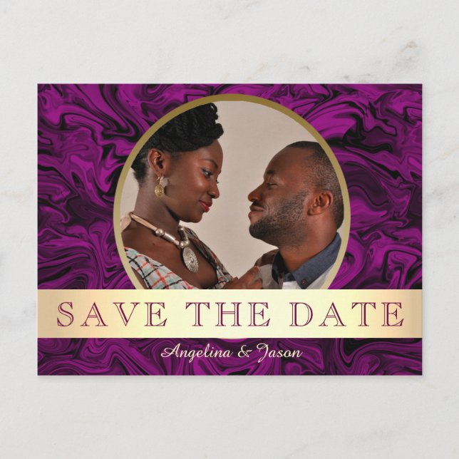 Carte Postale Faire-part Sauvegarde de date de photo d'or violet (Devant)