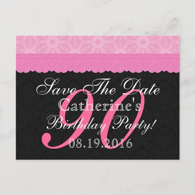Carte Postale Faire-part Sauvegarder la date 90e anniversaire Ruban rose et (Devant)