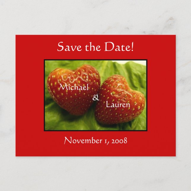 Carte Postale Faire-part Sauvegarder la date avec des cœurs de fraise ! (Devant)