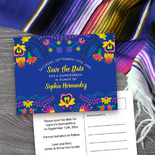 Carte Postale Faire-part Sauvegarder la date Fiesta mexicaine colorée Bleu 