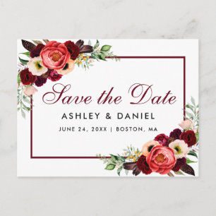 Carte Postale Faire-part Sauvegarder la date floral boho bordeaux