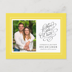 Carte Postale Faire-part Sauvegarder la date Photo Jaune Élégant Mariage