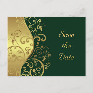 Carte Postale Faire-part Sauvegarder la date--Tourbillons dorés et vert fon