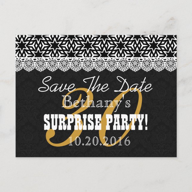 Carte Postale Faire-part Sauver la Date Anniversaire SURPRISE V003 NOIR BLA (Devant)