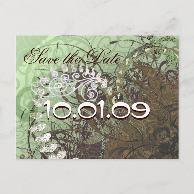 Carte Postale Faire-part Sauver la date coeurs verts et marrons - Personnal (Devant)