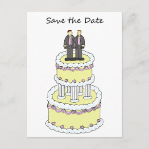 Carte Postale Faire-part Sauver la date couple d'hommes sur un gâteau