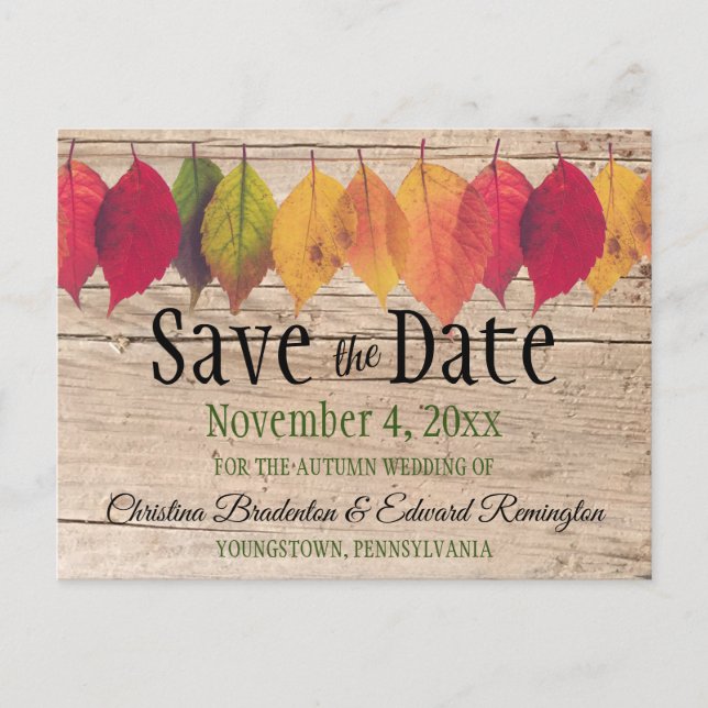 Carte Postale Faire-part Sauver la date de mariage rustique Feuilles d'auto (Devant)