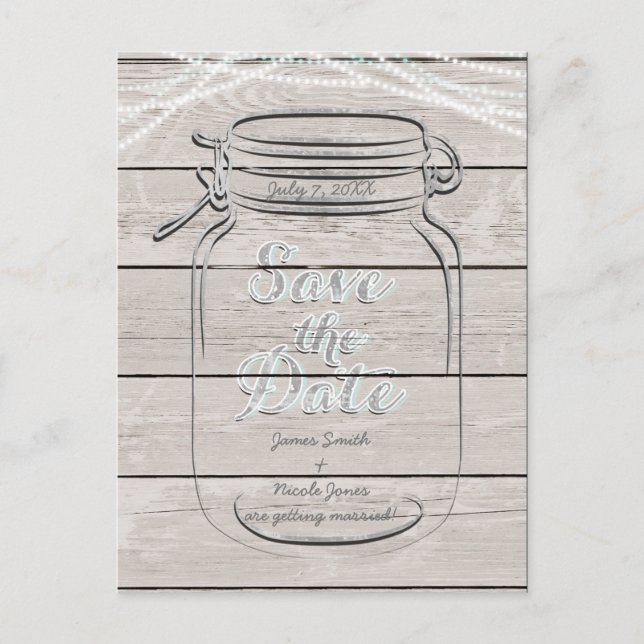 Carte Postale Faire-part Sauver la date Mason Jar & String Lights Mariage (Devant)