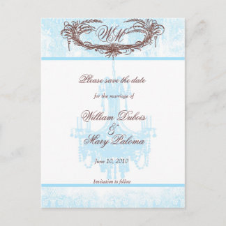 Carte Postale Faire-part Sauver la Date Monogramme Lustre Aqua et Damassé