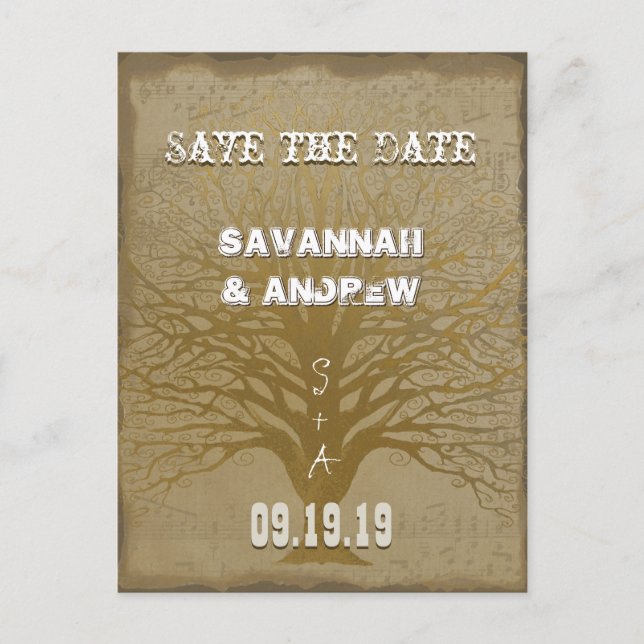 Carte Postale Faire-part Sauver la date Or Arbre Tourbillonnant (Devant)