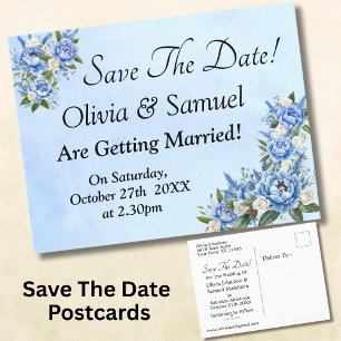 Carte Postale Faire-part Sauver la date - Peony bleu sur bleu