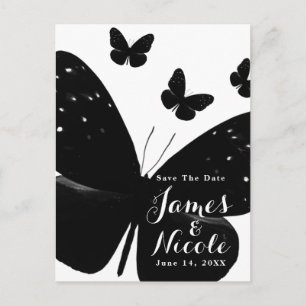 Carte Postale Faire-part Sauvez la date avec papillons noirs sur fond blanc
