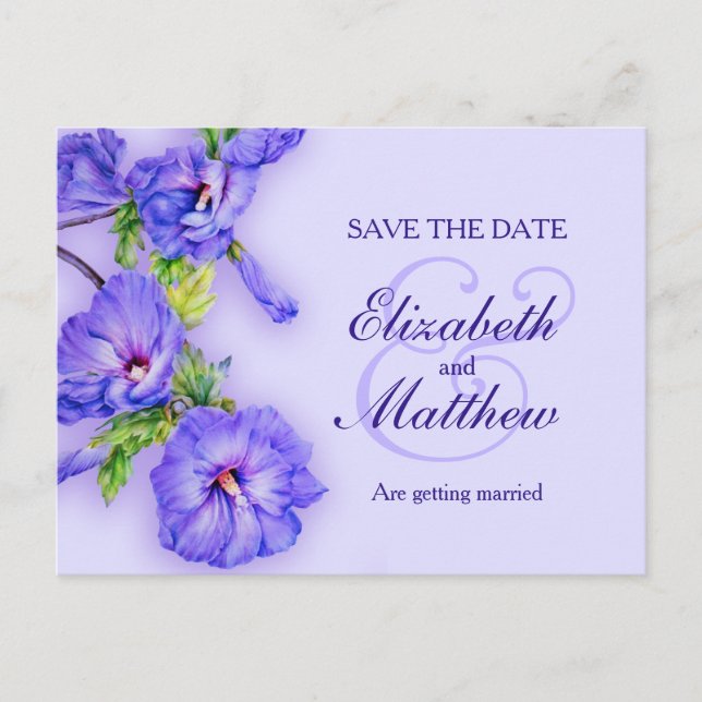 Carte Postale Faire-part Sauvez la date peinte en violet bleu hibiscus (Devant)