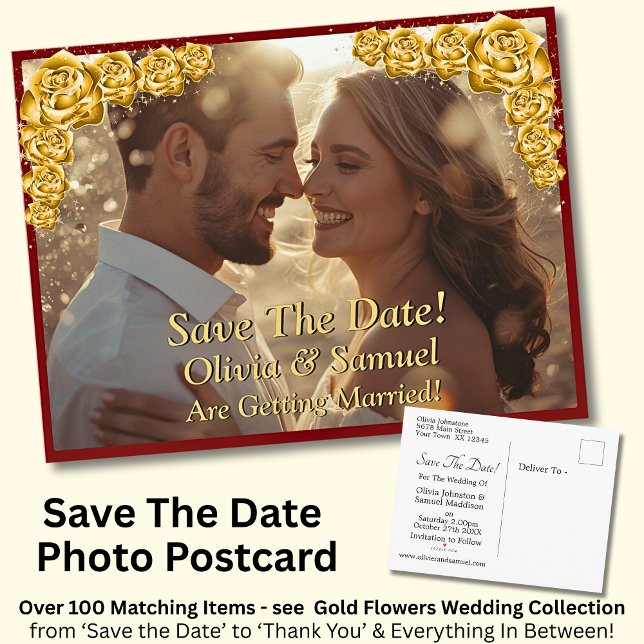 Carte Postale Faire-part Save The Date, Photo - Gold Roses Maroon Red (Créateur téléchargé)
