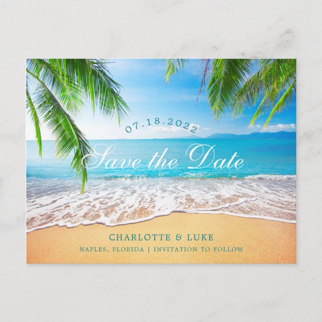 Carte Postale Faire-part Scène de plage, enregistrez la date (Devant)