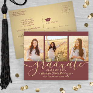 Carte Postale Faire-part Script de collage photo 3 Burgundy & Gold Graduati
