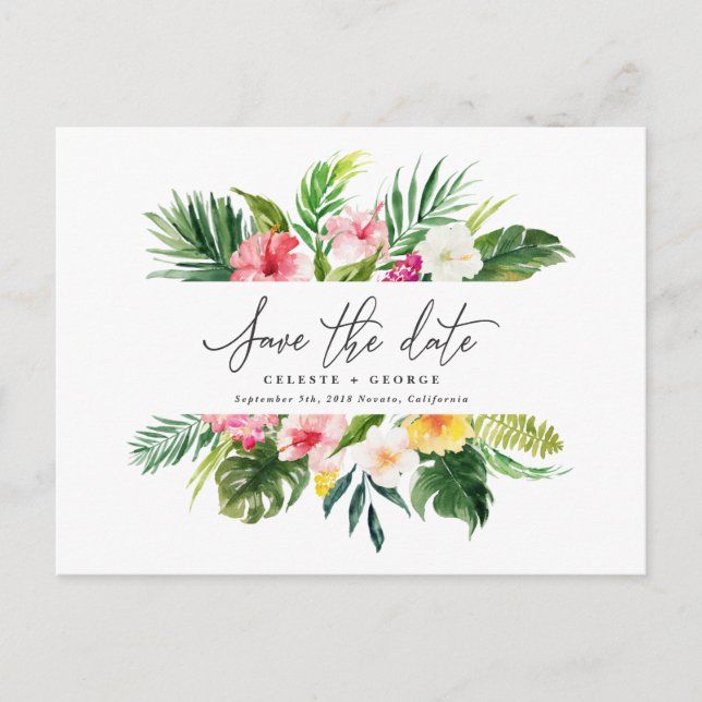 Carte Postale Faire-part Script de feuillage d'aquarelle tropicale enregist (Devant)