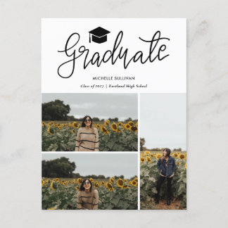 Carte Postale Faire-part Script de fin d'études | Trois photos de diplômés