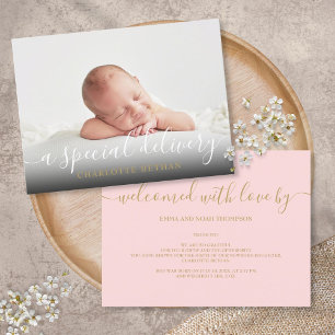 Carte Postale Faire-part Script de photo de bébé simple rose fille Naissanc