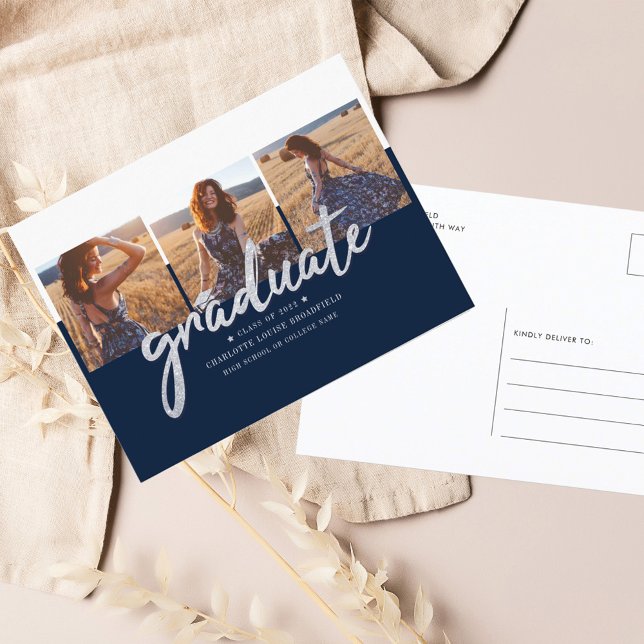 Carte Postale Faire-part Script de photos de remise de diplômes 2025 Grad (Graduation Photo Collage Announcement Postcard)