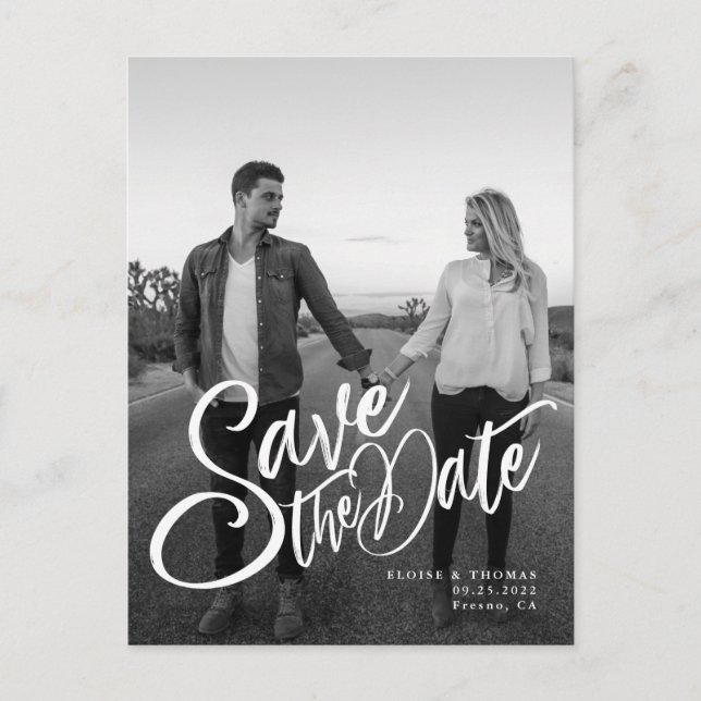 Carte Postale Faire-part Script de sauvegarde de mariage élégant avec photo (Devant)