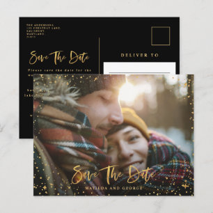 Carte Postale Faire-part Script de stars dorées photo mariage moderne