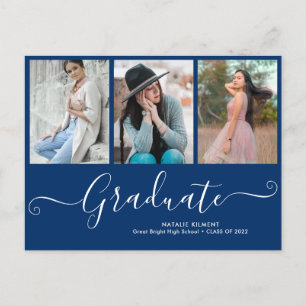Carte Postale Faire-part Script Graduate 3 Photo Collage Bleu Graduation
