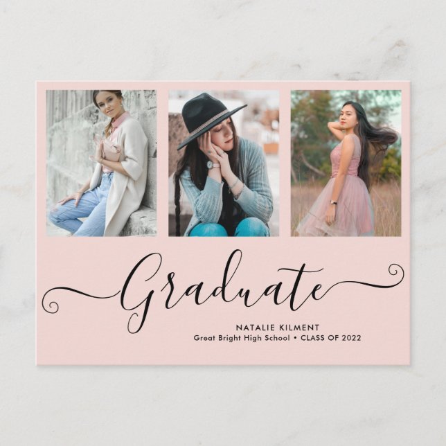 Carte Postale Faire-part Script Graduate 3 Photo Collage Pink Graduation (Devant)