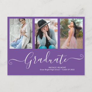 Carte Postale Faire-part Script Graduate 3 Photo Collage Purple Graduation