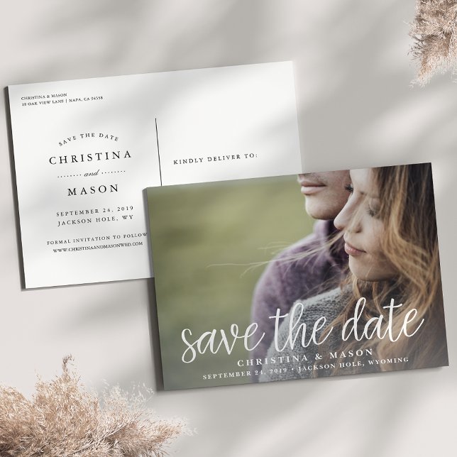Carte Postale Faire-part Script manuscrit | Photo Enregistrer la date (Créateur téléchargé)