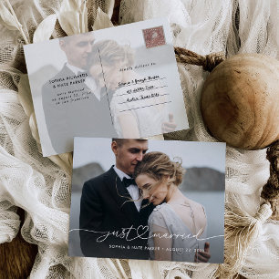 Carte Postale Faire-part Script Romantique 'Just Married' avec Cœur et Phot