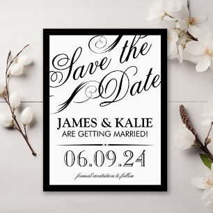 Carte Postale Faire-part Script Vintage noir et blanc Enregistrer la date