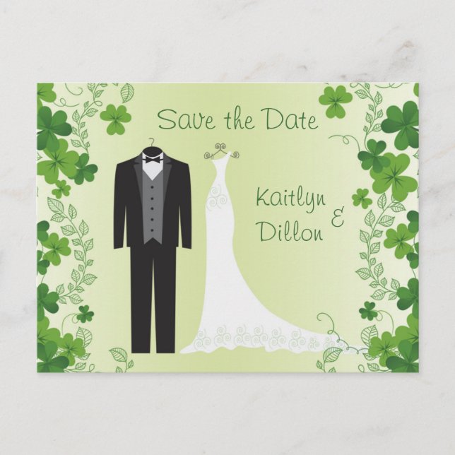 Carte Postale Faire-part Shamrock irlandais, tuxedo, robe mariage Enregistr (Devant)
