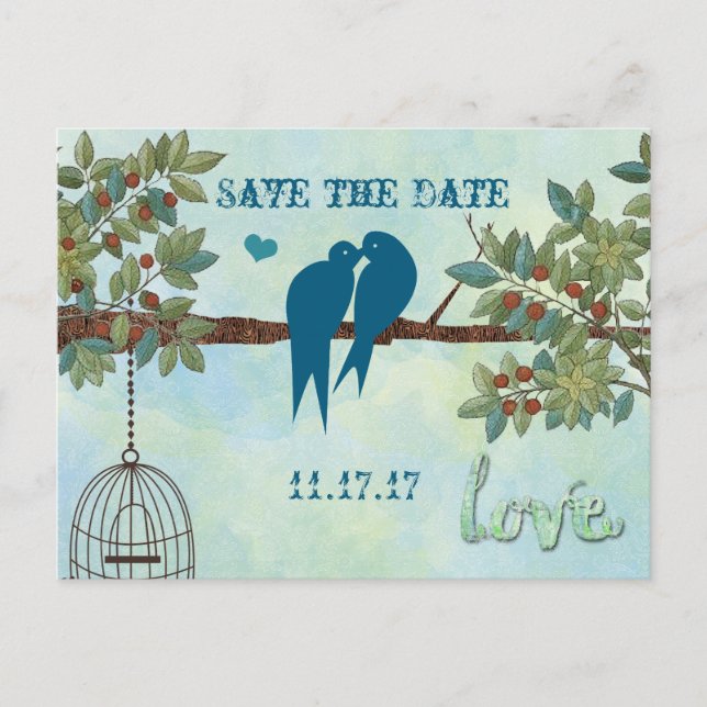 Carte Postale Faire-part Silhouette Inséparables Bird Cage Tree Enregistrer (Devant)