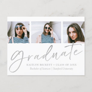 Carte Postale Faire-part Silver Foil Script 3 Photo Graduation
