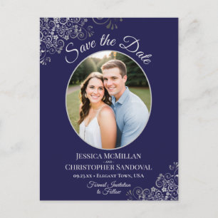 Carte Postale Faire-part Silver Lace Marine Blue Wedding Enregistrer la dat