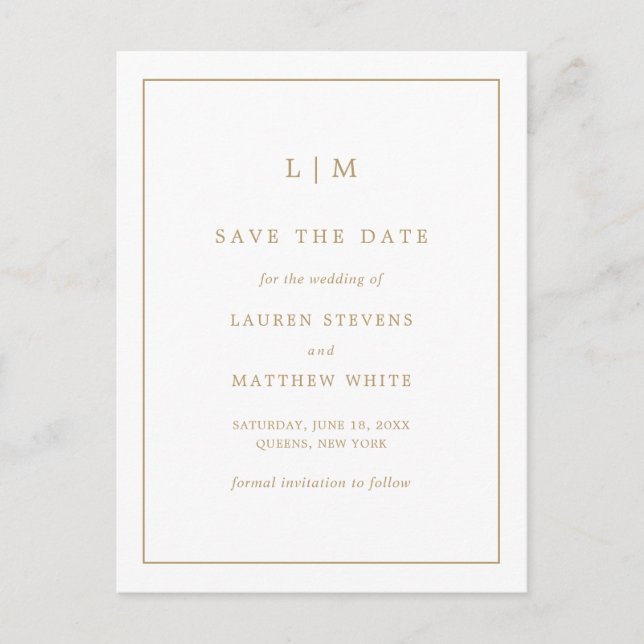 Carte Postale Faire-part Simple Antique Gold Monogramme Mariage Enregistrer (Devant)
