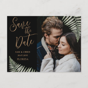 Carte Postale Faire-part Simple Black & Gold Photo Fern Enregistrer la date