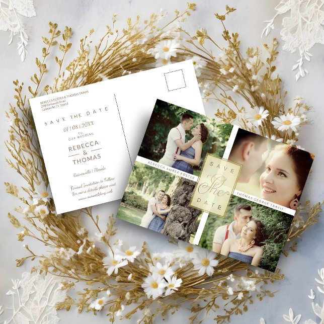 Carte Postale Faire-part Simple Elegant Four Photos Couple in Love (Simple Elegant Four Photos Couple in Love Save the Date Card.)