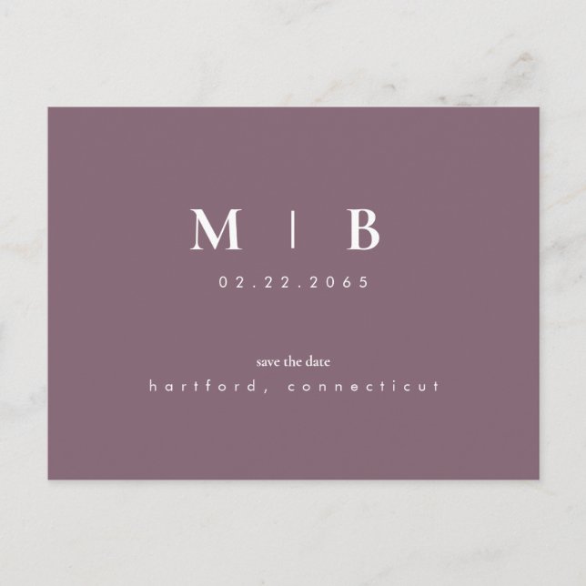 Carte Postale Faire-part Simple & Élégant Monogramme Prune Save the Date  (Devant)