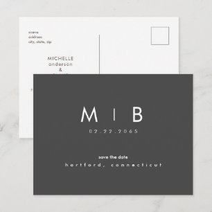 Carte Postale Faire-part Simple Enregistrer la date Monogramme Charbon