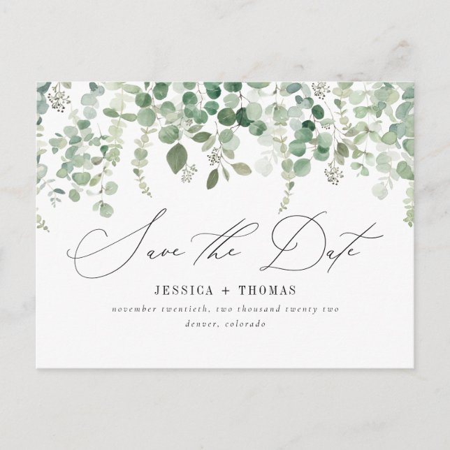 Carte Postale Faire-part Simple Eucalyptus Moderne Calligraphie Enregistrer (Devant)