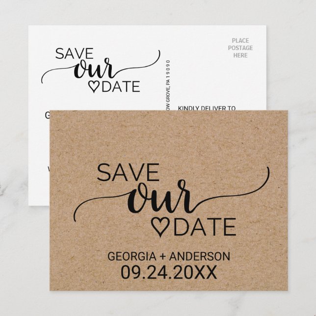 Carte Postale Faire-part Simple Fausse Calligraphie Kraft Sauver Notre Date (Devant / Derrière)
