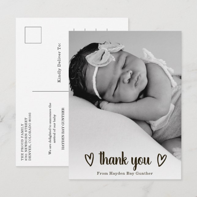 Carte Postale Faire-part Simple Merci de coeur photo mignonne naissance (Devant / Derrière)