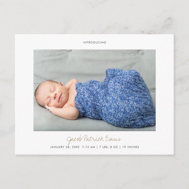 Carte Postale Faire-part Simple moderne Custom Gold Script garçon ou fille  (Devant)