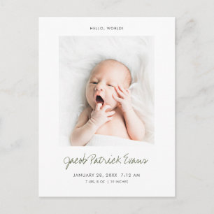 Carte Postale Faire-part Simple Moderne Naissance Bébé Photo Personnalisée